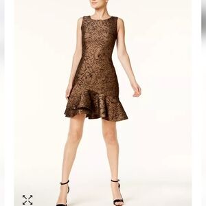 NWT Calvin Klein Brocade Flounce-Hem Sheath Dress 12 Gold Black Metallic Glamour